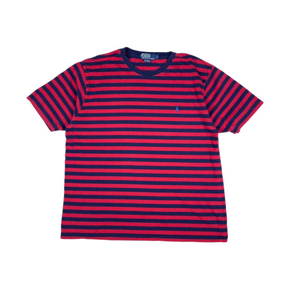 Y2K Polo Ralph Lauren Polo Shirt Mens Large Red Navy Striped Pony Logo Te - Picture 1 of 6
